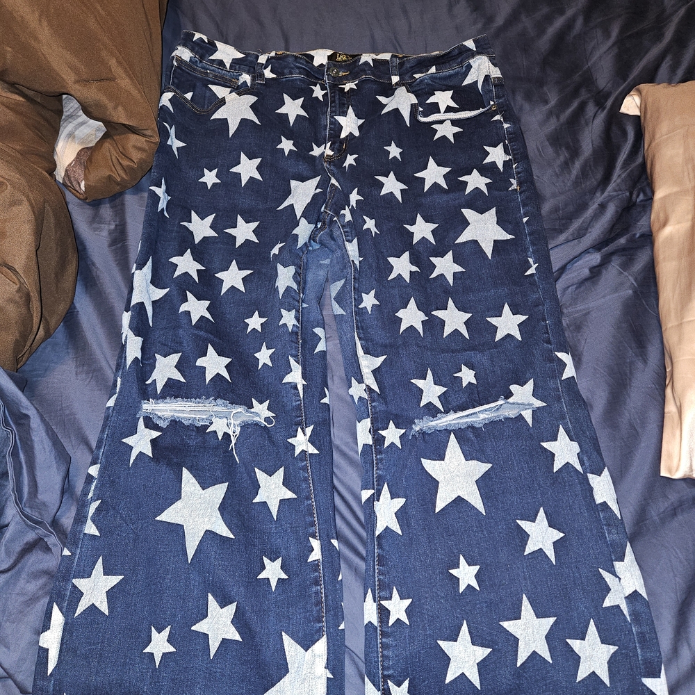 L&B Dark Blue Star Pattern Flare Jeans